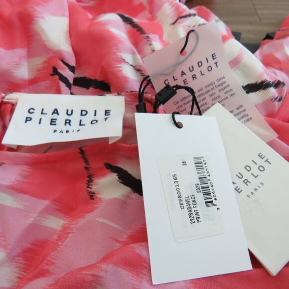 CLAUDIE PIERLOT Rabanel 100% Silk Crepe De Chine Abstract Print Ruffle Dress NWT - Picture 14 of 15